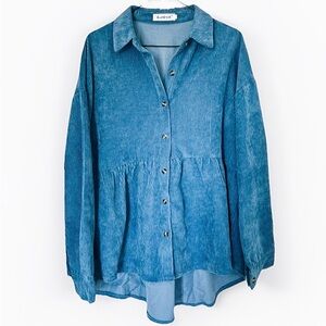 Blue Button-Up Corduroy Peplum Top XL